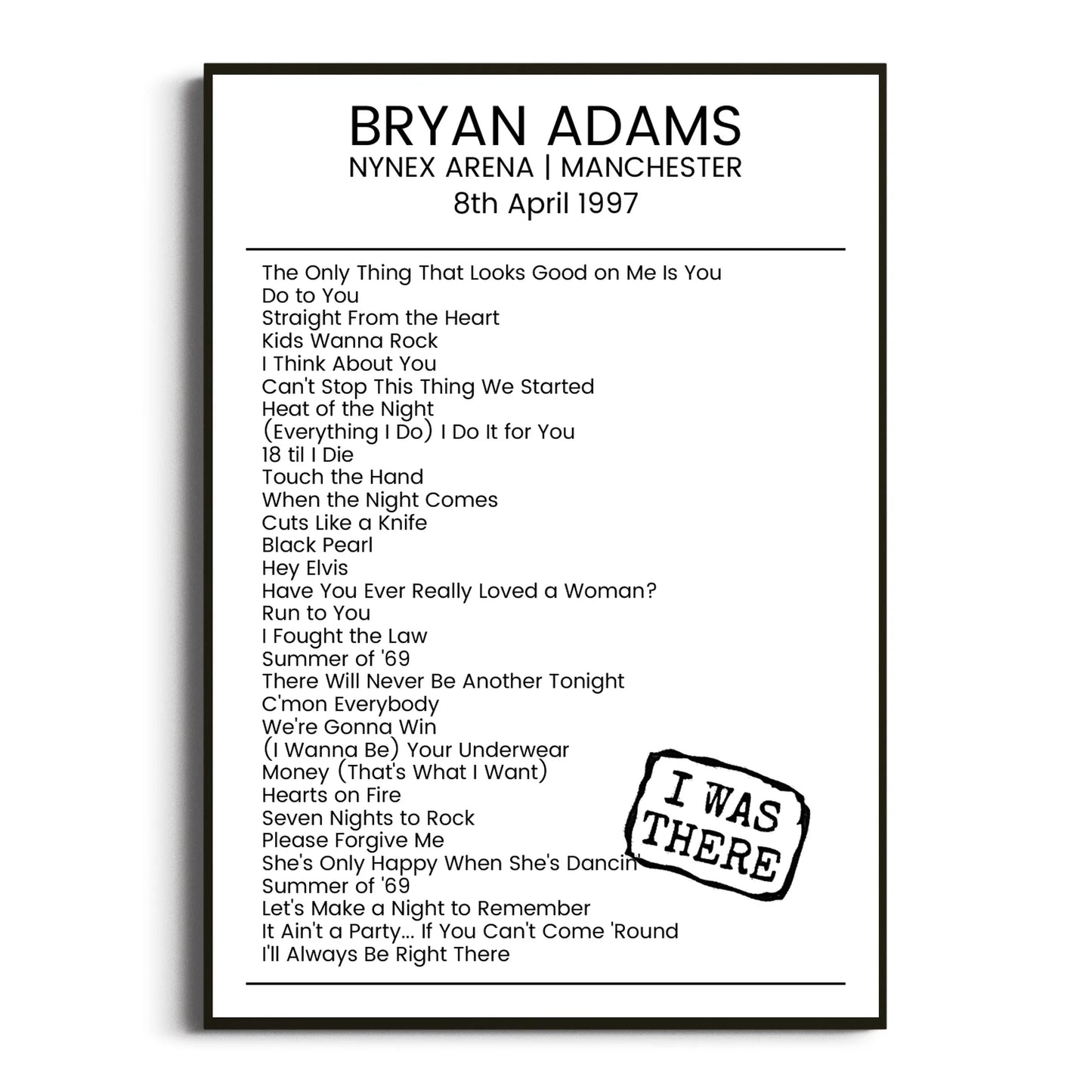 Bryan Adams Manchester 08 April 1997 Setlist Poster