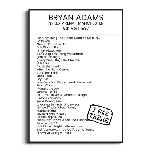 Bryan Adams Manchester 08 April 1997 Setlist Poster