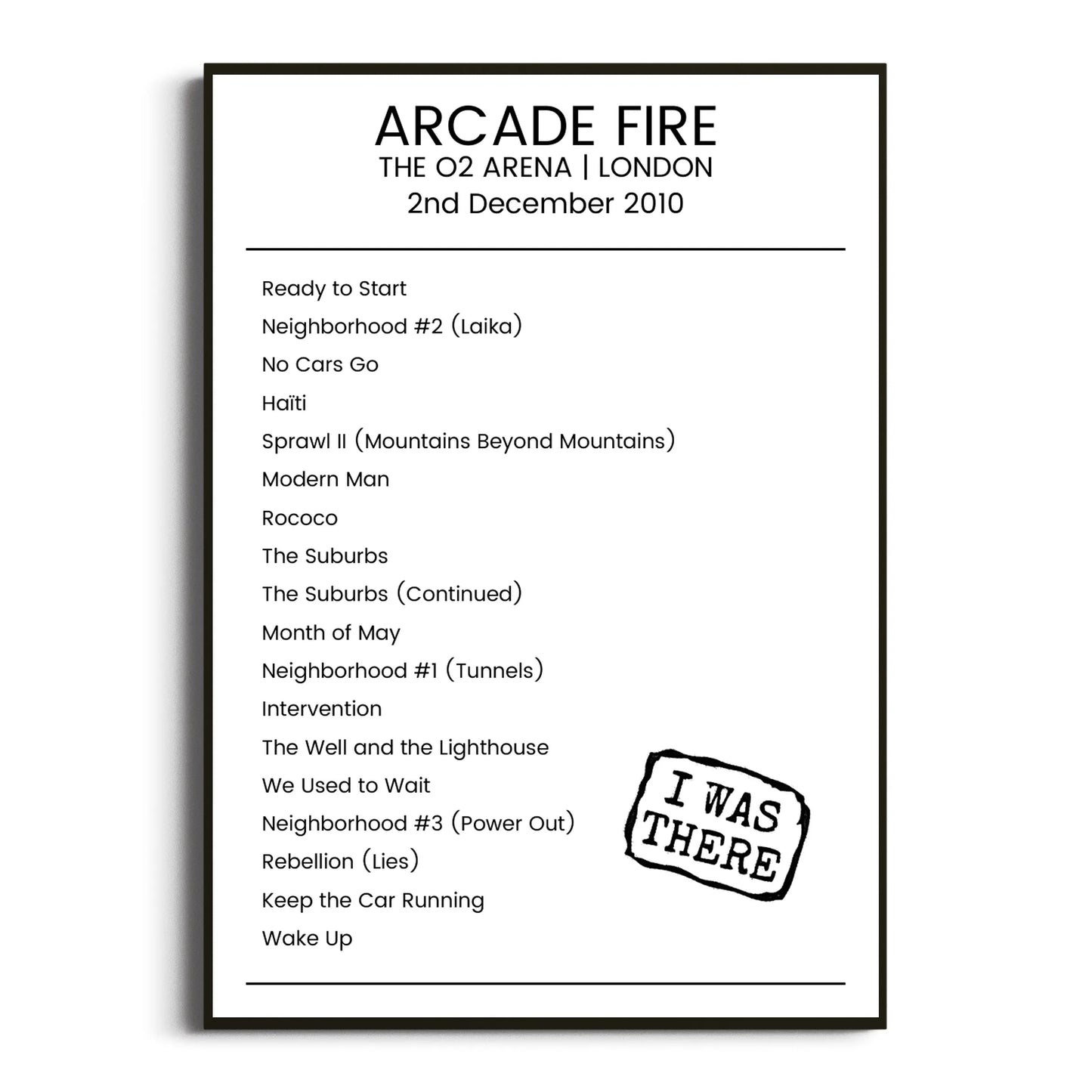 Arcade Fire London 02 December 2010 Setlist Poster