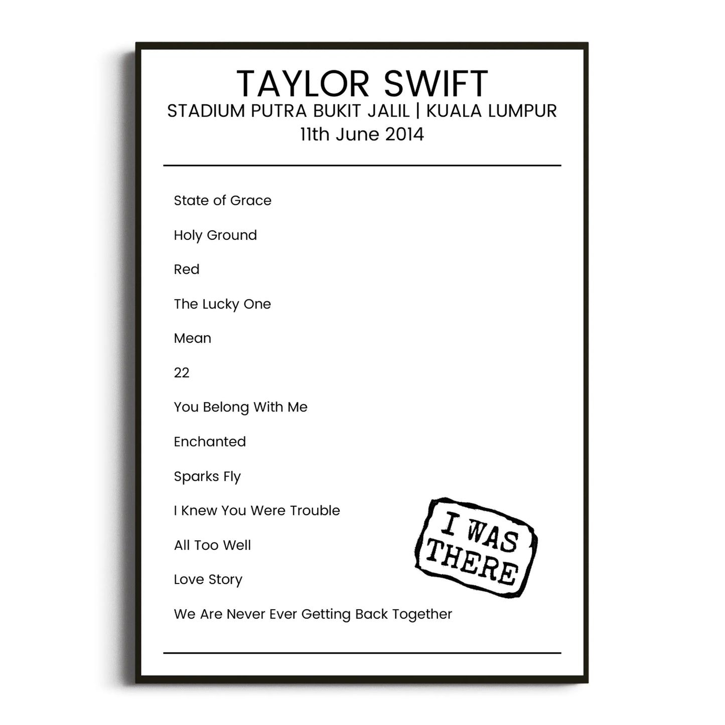 Taylor Swift Kuala Lumpur 11 June 2014 Setlist Poster