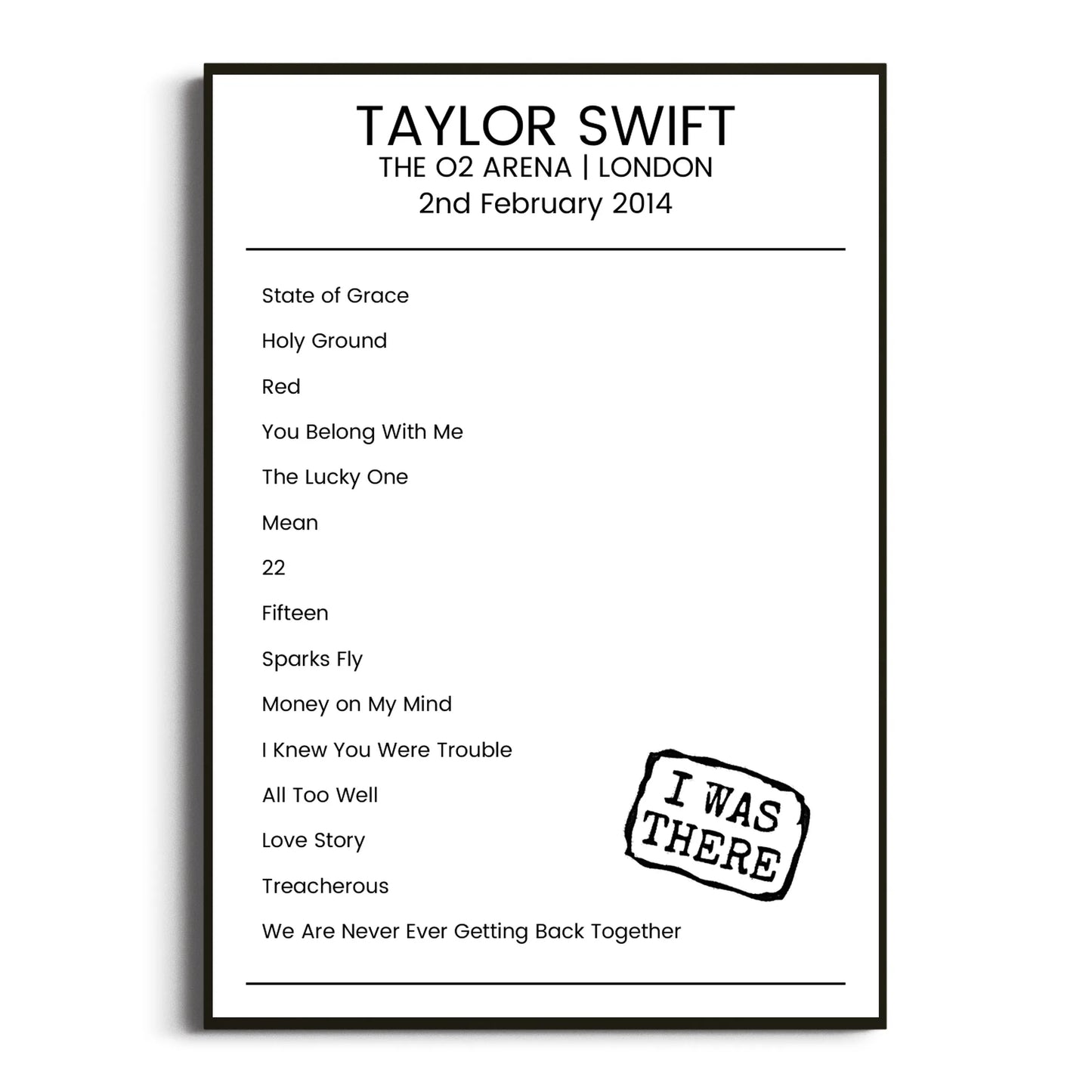 Taylor Swift London 02 February 2014 Setlist Poster