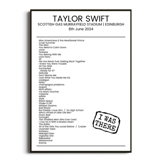 Taylor Swift Edinburgh 08 June 2024 Setlist Poster