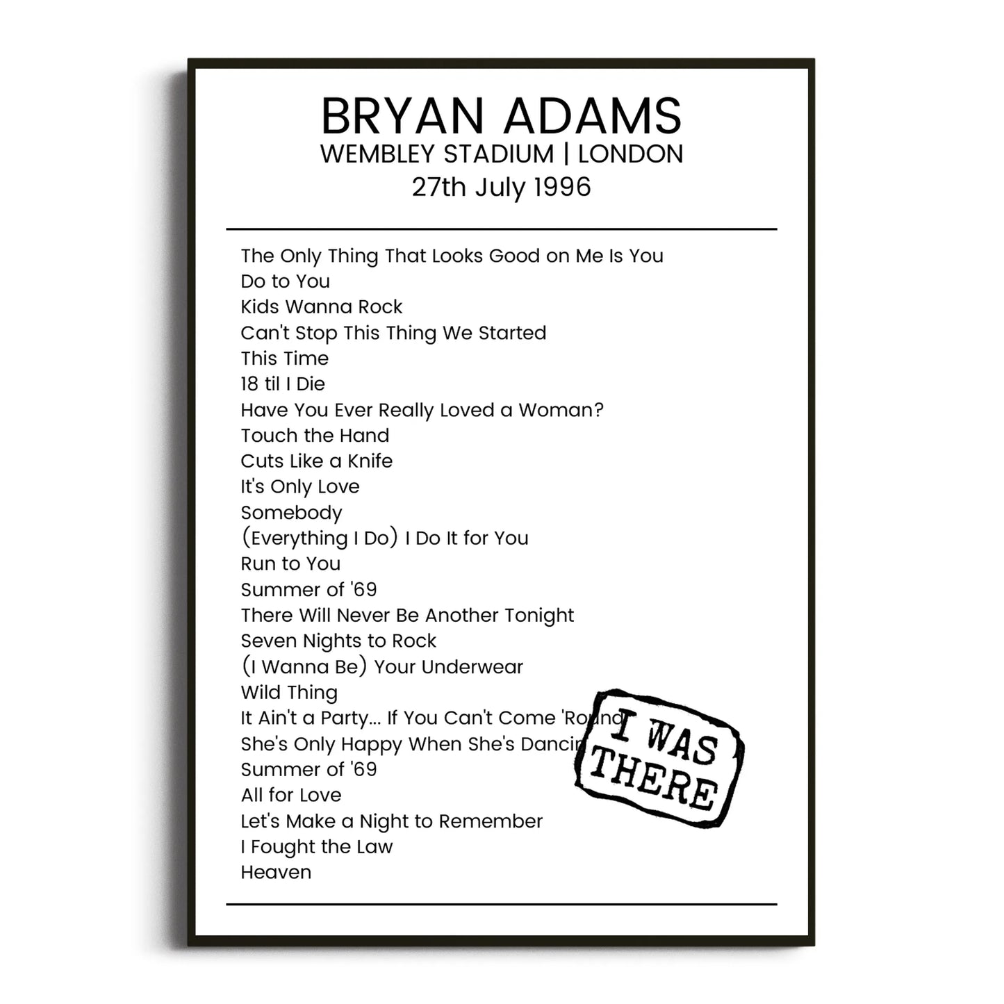 Bryan Adams London 27 July 1996 Setlist Poster