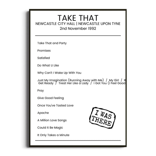 Take That Newcastle upon Tyne 02 November 1992 Setlist Poster