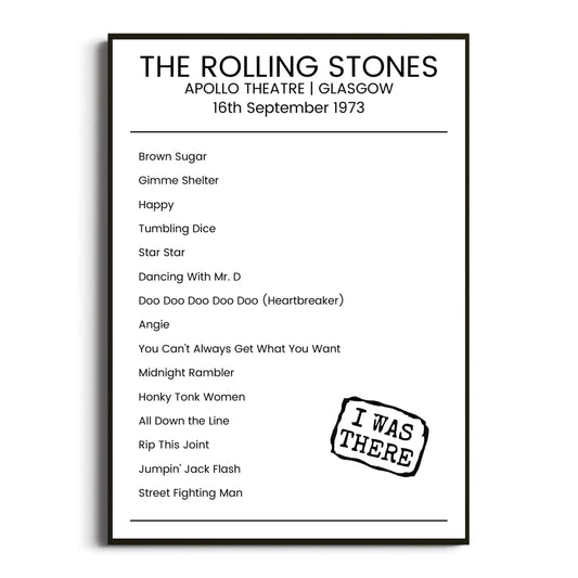 The Rolling Stones Glasgow 16 September 1973 Setlist Poster