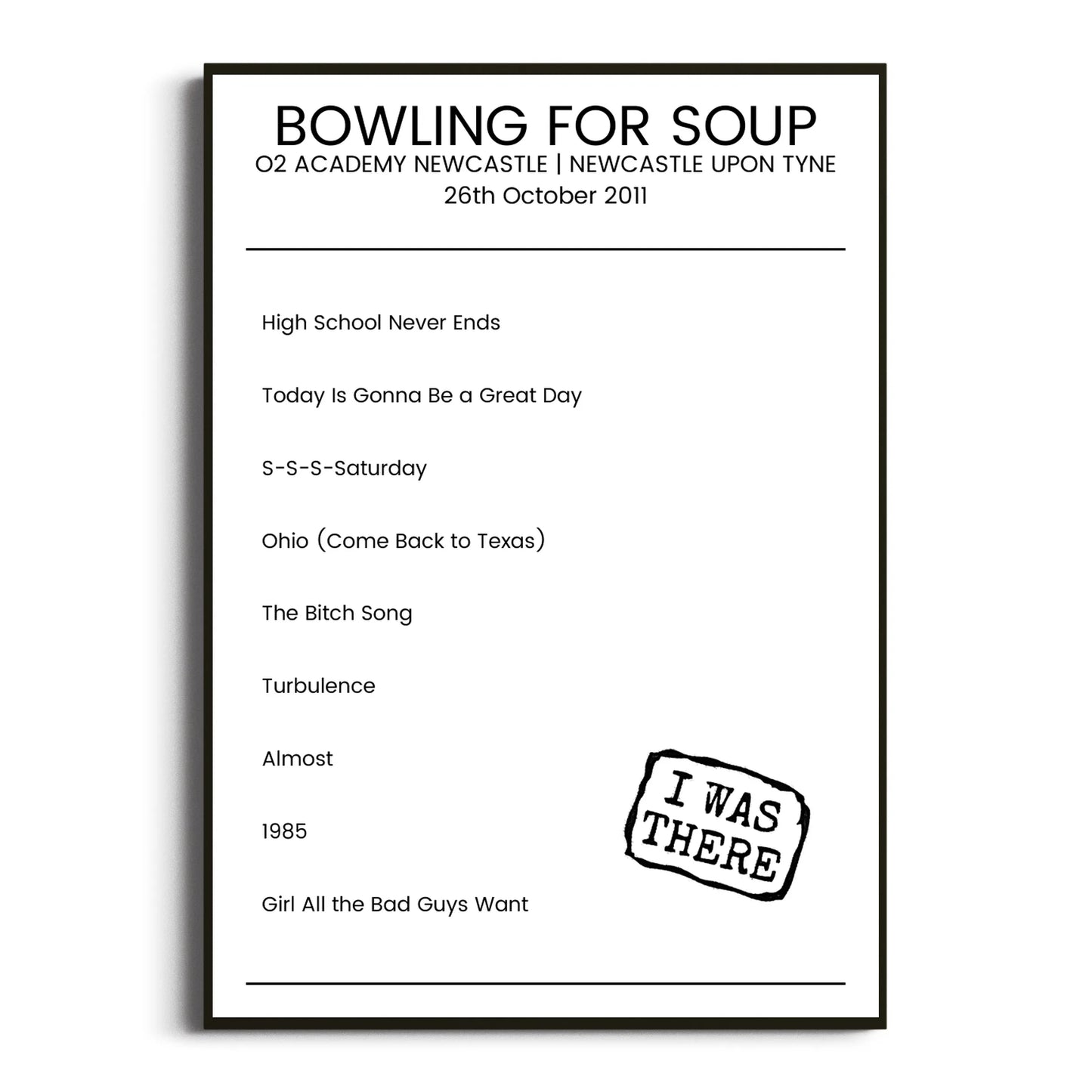 Bowling for Soup Newcastle upon Tyne 26 October 2011 Setlist Poster