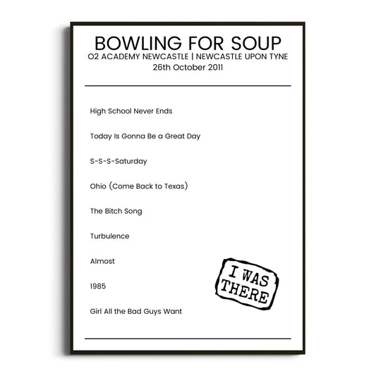 Bowling for Soup Newcastle upon Tyne 26 October 2011 Setlist Poster