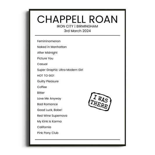 Chappell Roan Birmingham 03 March 2024 Setlist Poster