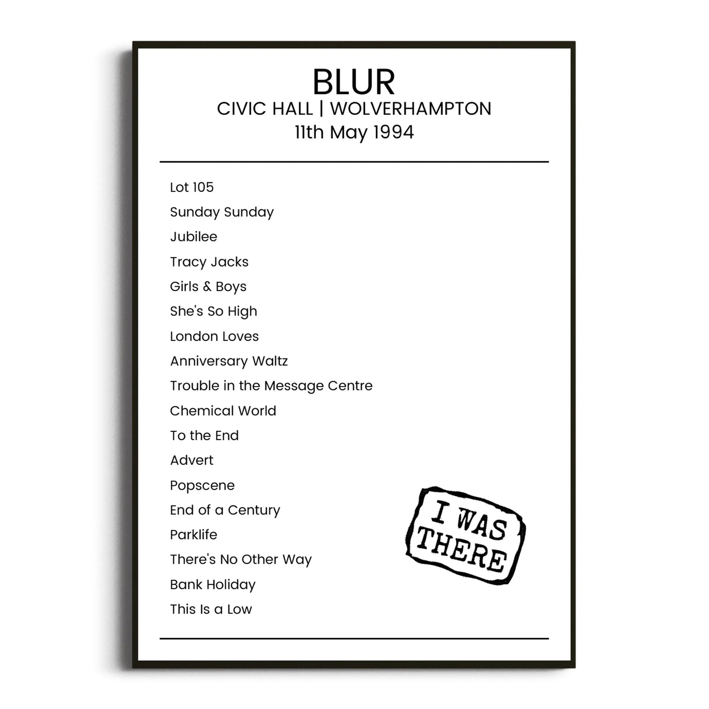 Blur Wolverhampton 11 May 1994 Setlist Poster