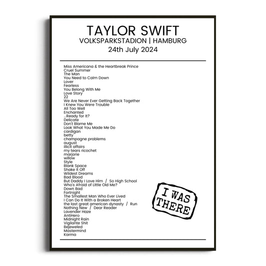 Taylor Swift Hamburg 24 July 2024 Setlist Poster