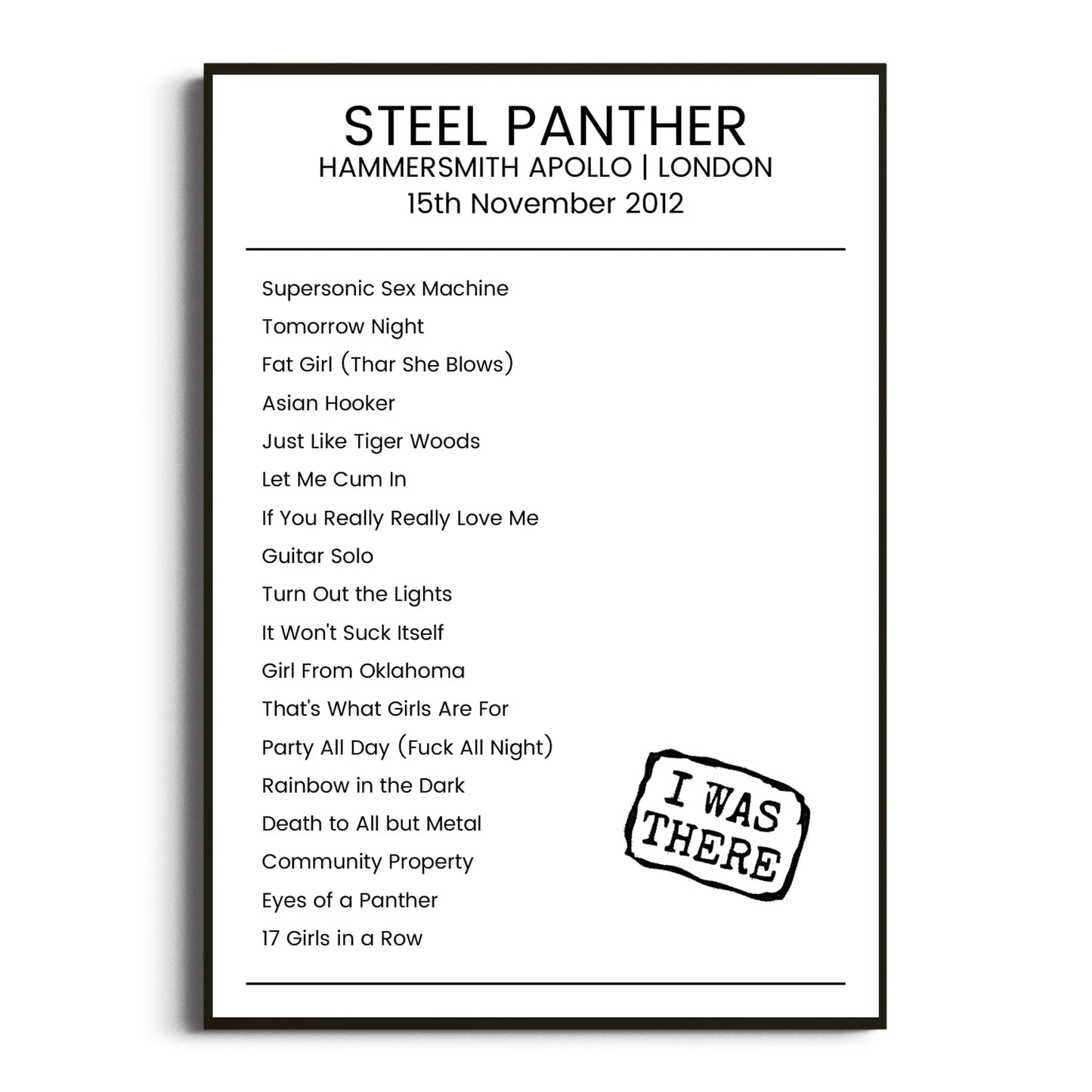 Steel Panther London 15 November 2012 Setlist Poster