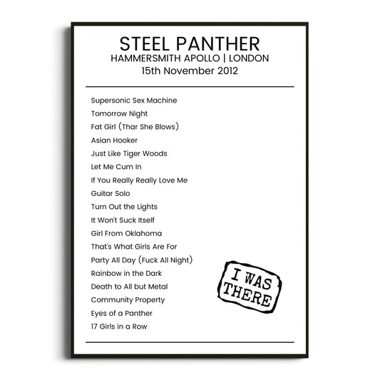 Steel Panther London 15 November 2012 Setlist Poster