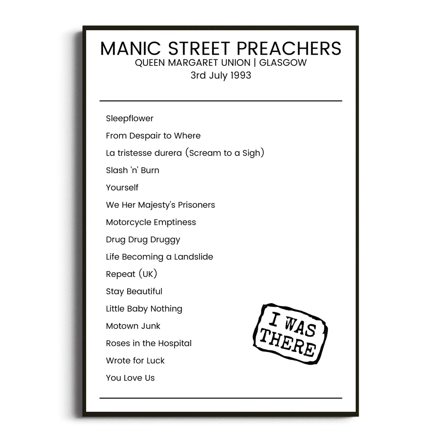 Manic Street Preachers Glasgow 03 July 1993 Setlist Poster