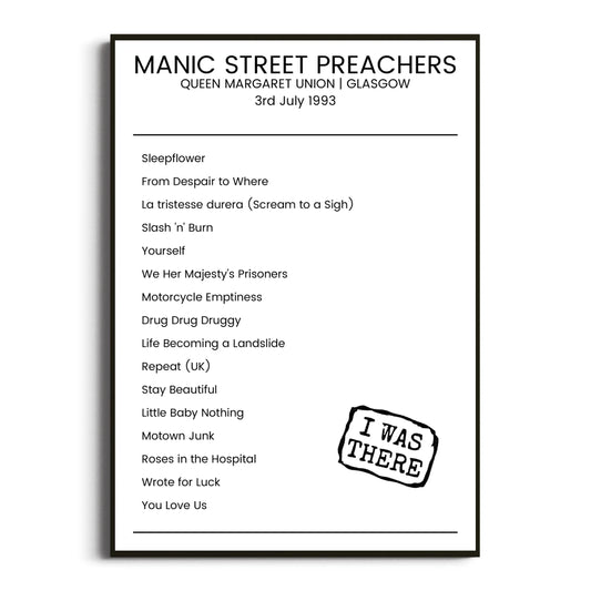 Manic Street Preachers Glasgow 03 July 1993 Setlist Poster