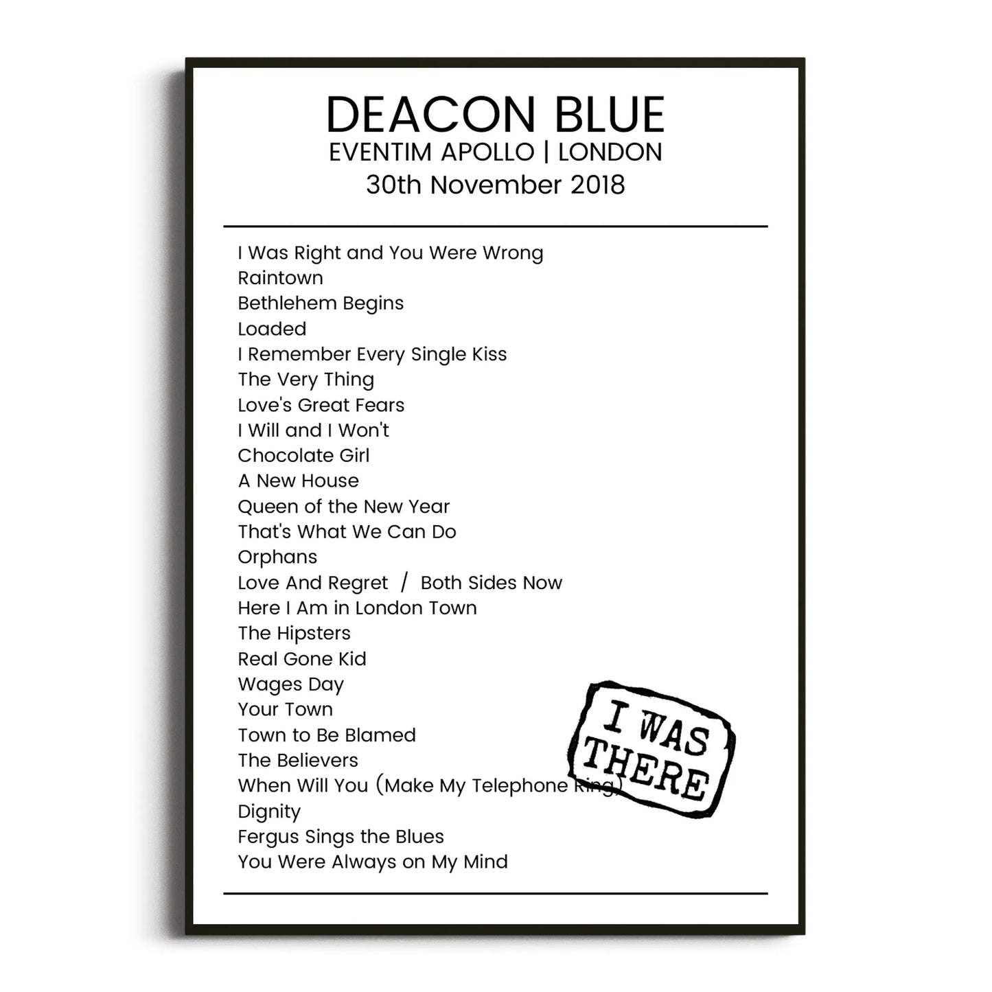 Deacon Blue London 30 November 2018 Setlist Poster