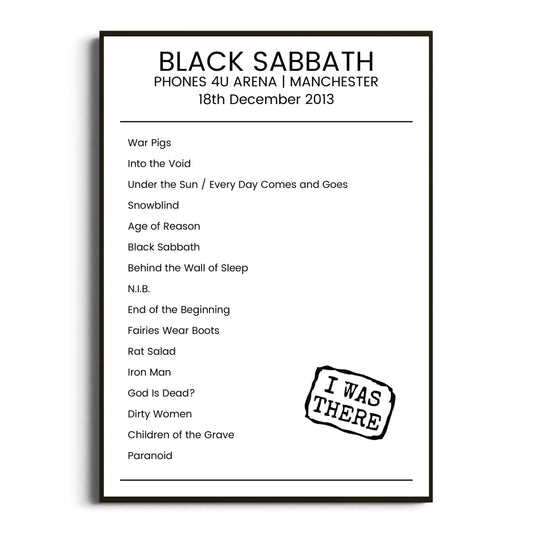 Black Sabbath Manchester 18 December 2013 Setlist Poster