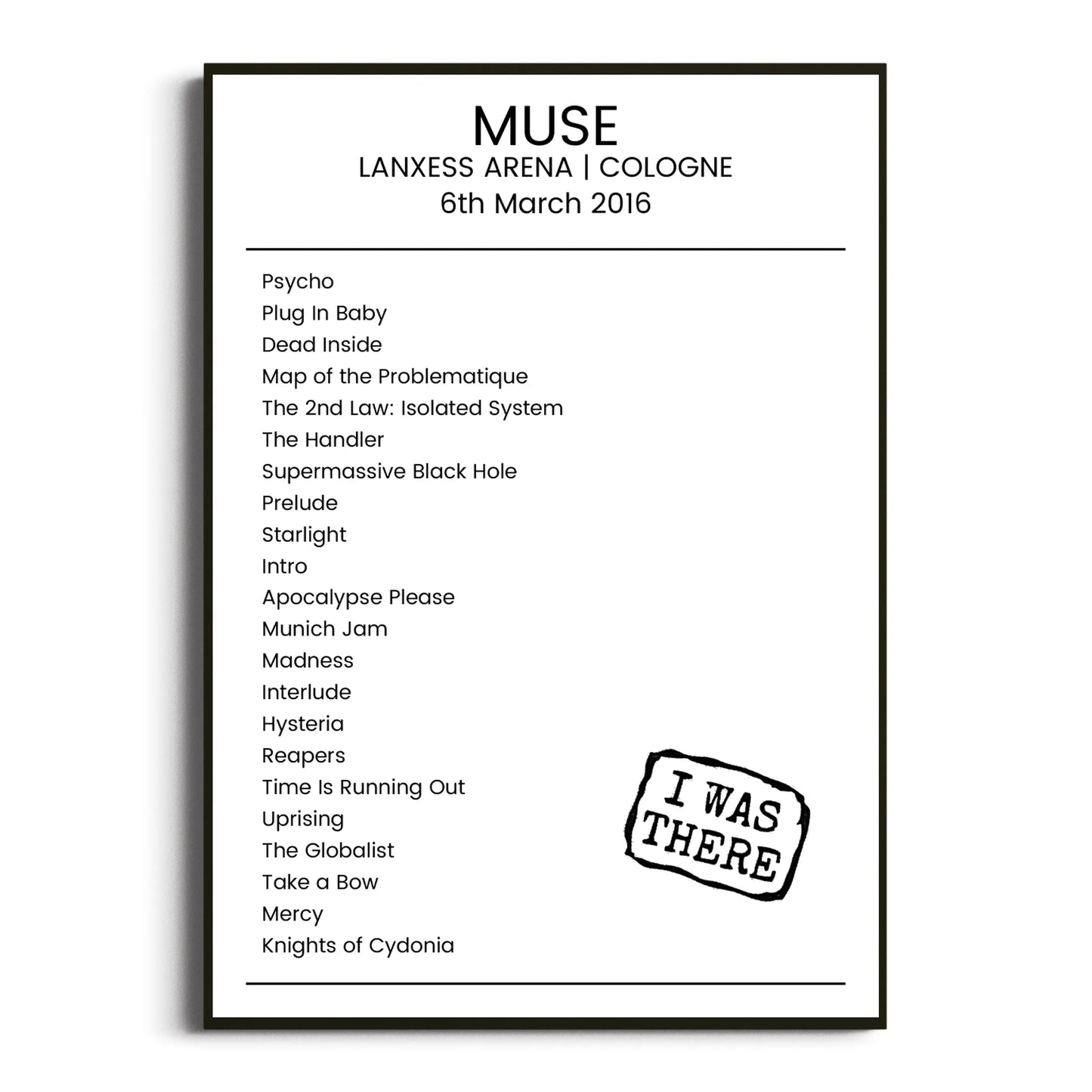 Muse Cologne 06 March 2016 Setlist Poster