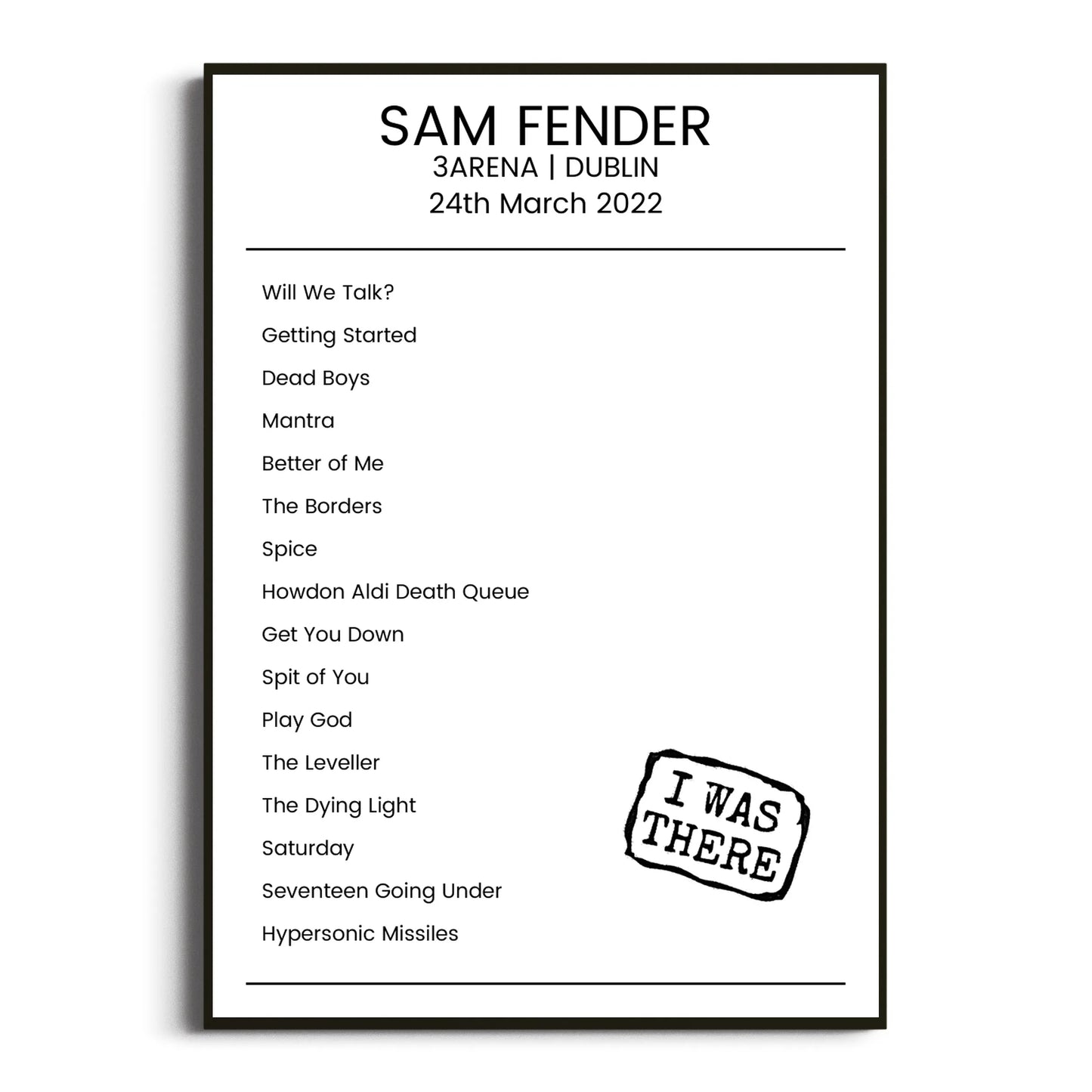 Sam Fender Dublin 24 March 2022 Setlist Poster