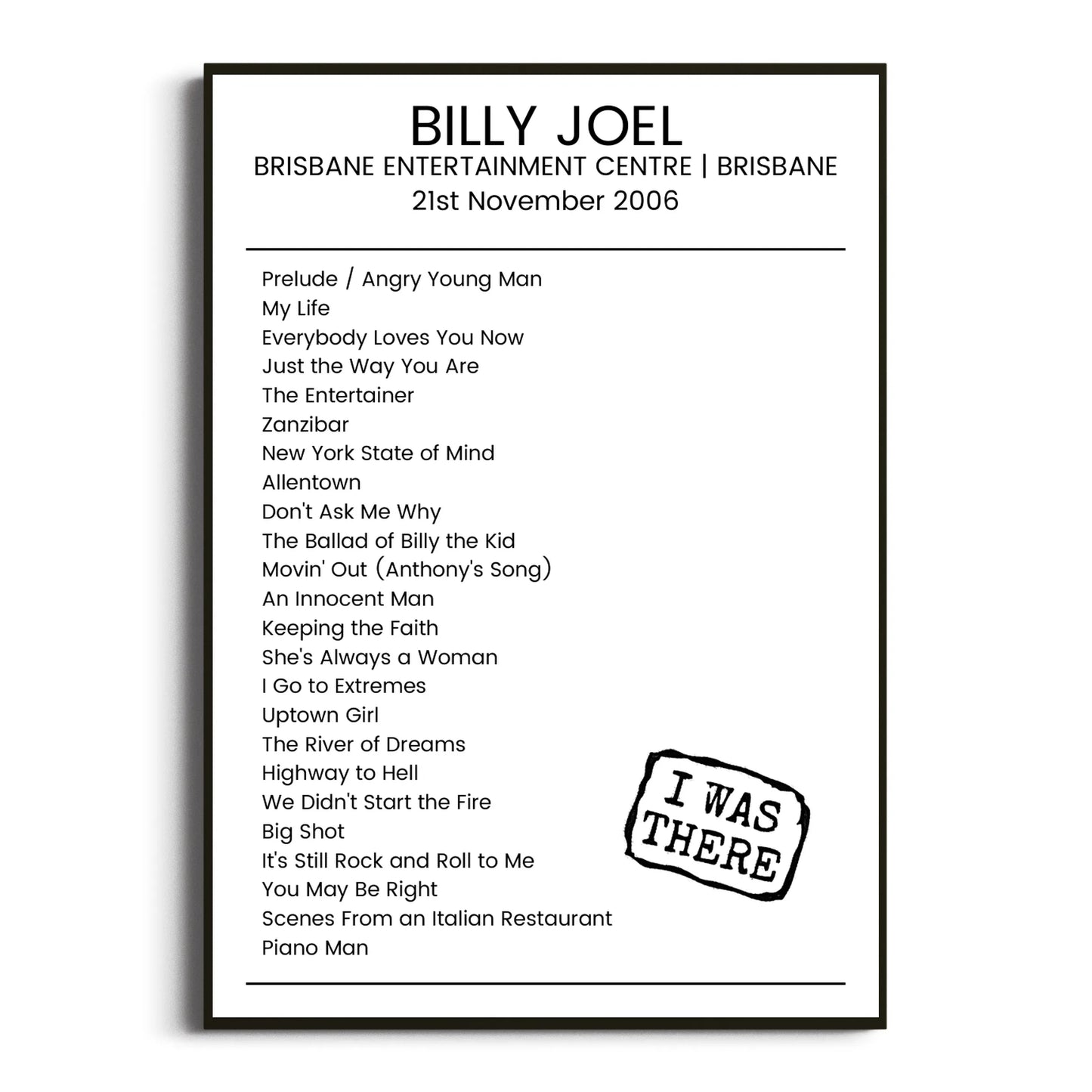 Billy Joel Brisbane 21 November 2006 Setlist Poster