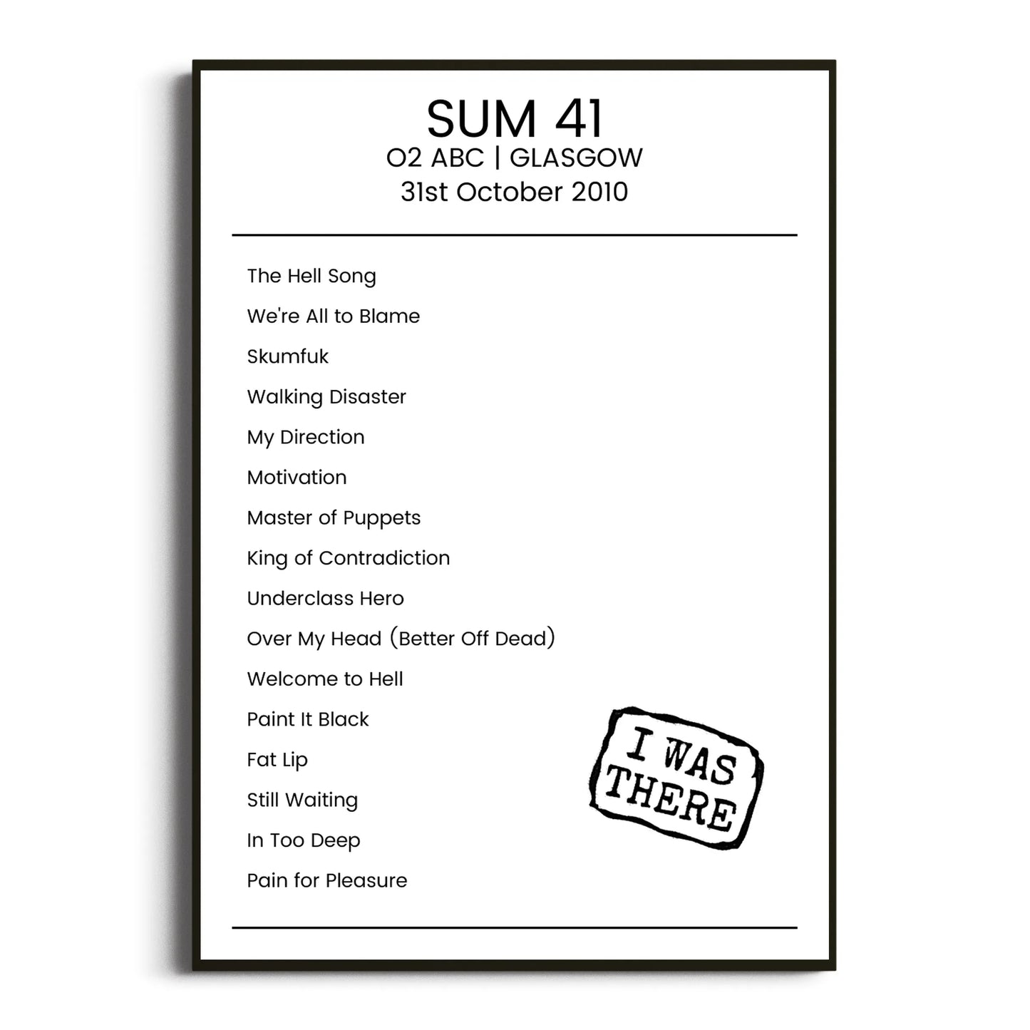 Sum 41 Glasgow 31 October 2010 Setlist Poster