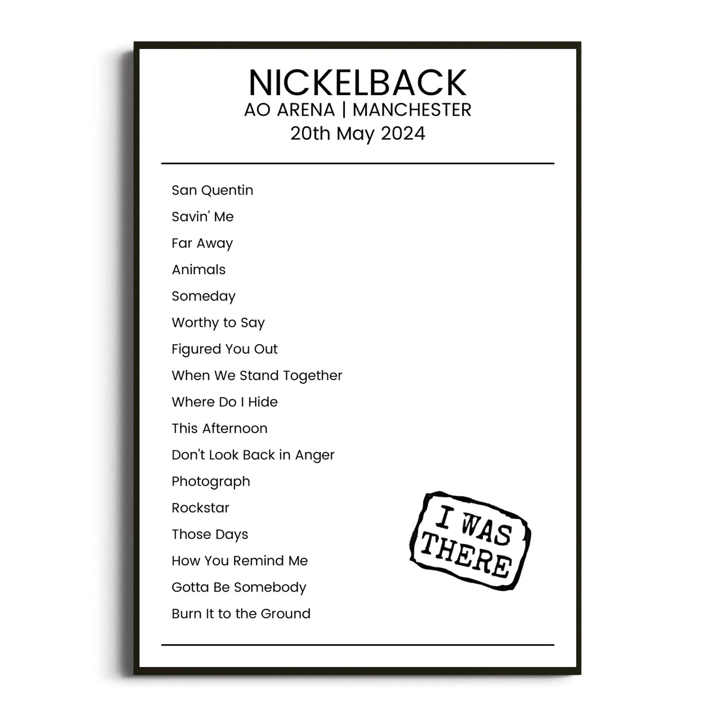 Nickelback Manchester 20 May 2024 Setlist Poster