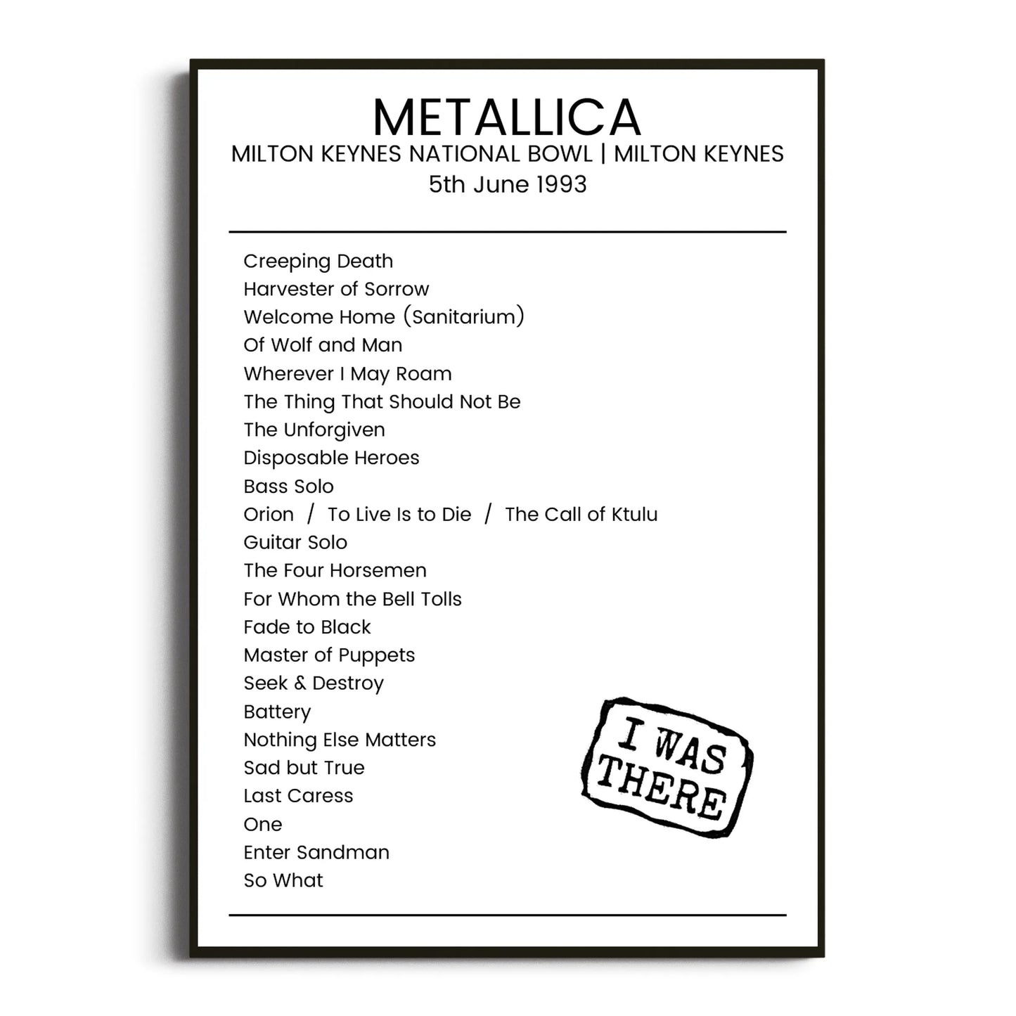 Metallica Milton Keynes 05 June 1993 Setlist Poster