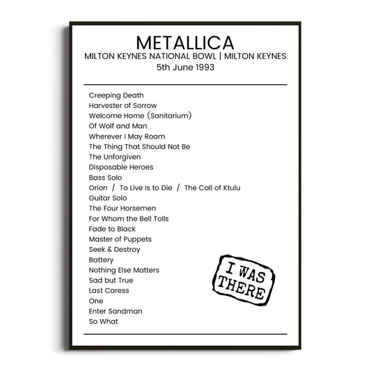 Metallica Milton Keynes 05 June 1993 Setlist Poster