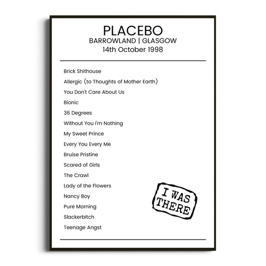 Placebo Glasgow 14 October 1998 Setlist Poster