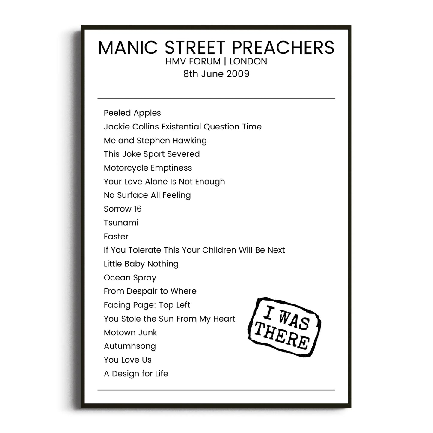 Manic Street Preachers London 08 June 2009 Setlist Poster