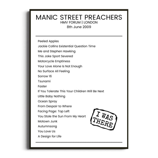 Manic Street Preachers London 08 June 2009 Setlist Poster