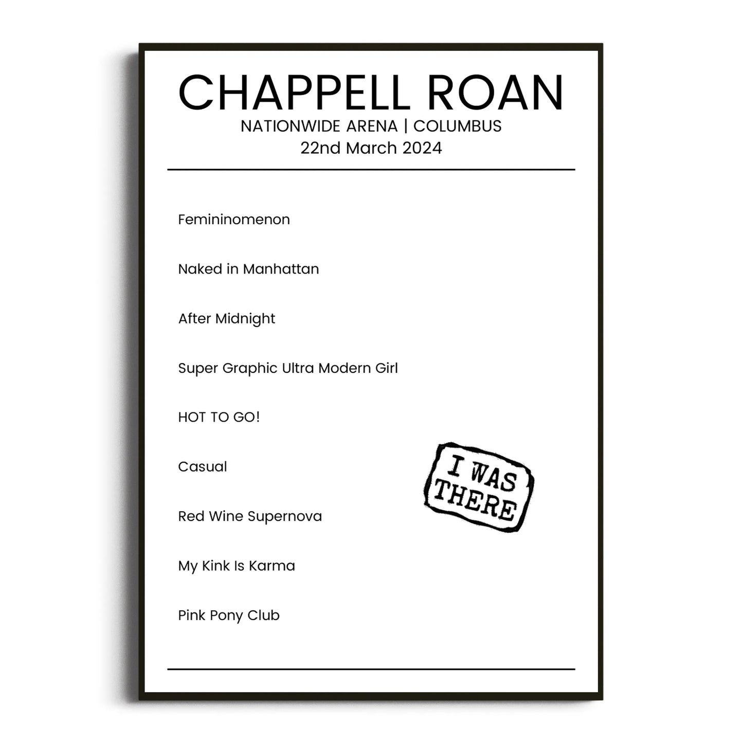 Chappell Roan Columbus 22 March 2024 Setlist Poster