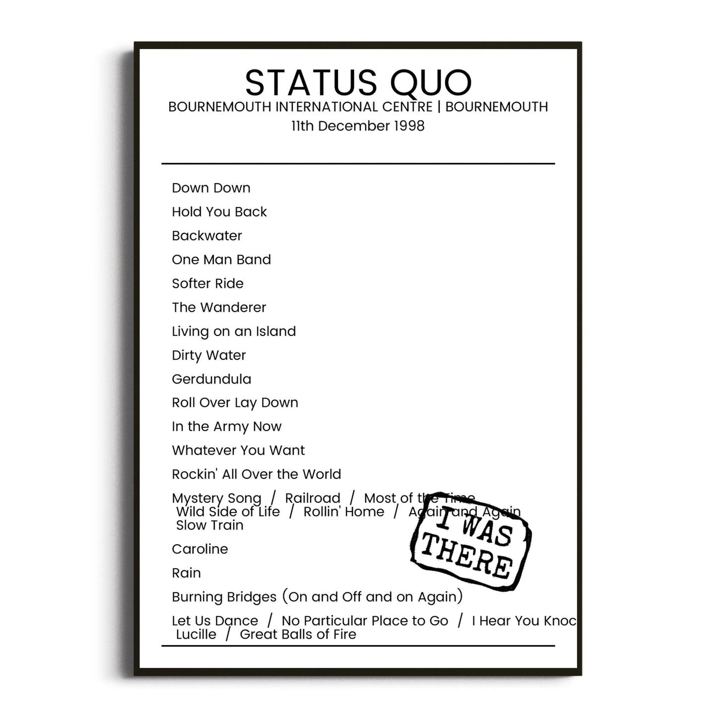 Status Quo Bournemouth 11 December 1998 Setlist Poster