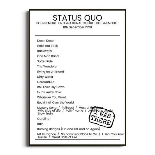 Status Quo Bournemouth 11 December 1998 Setlist Poster