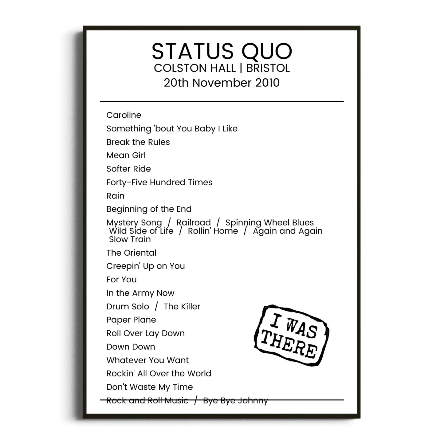 Status Quo Bristol 20 November 2010 Setlist Poster