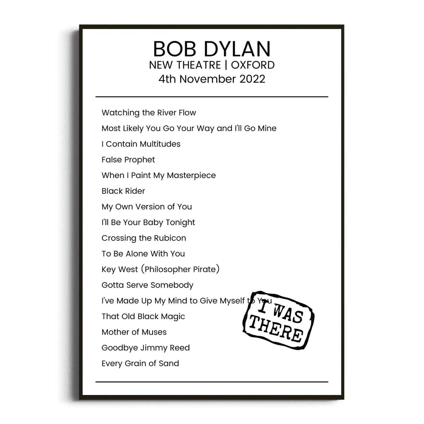 Bob Dylan Oxford 04 November 2022 Setlist Poster