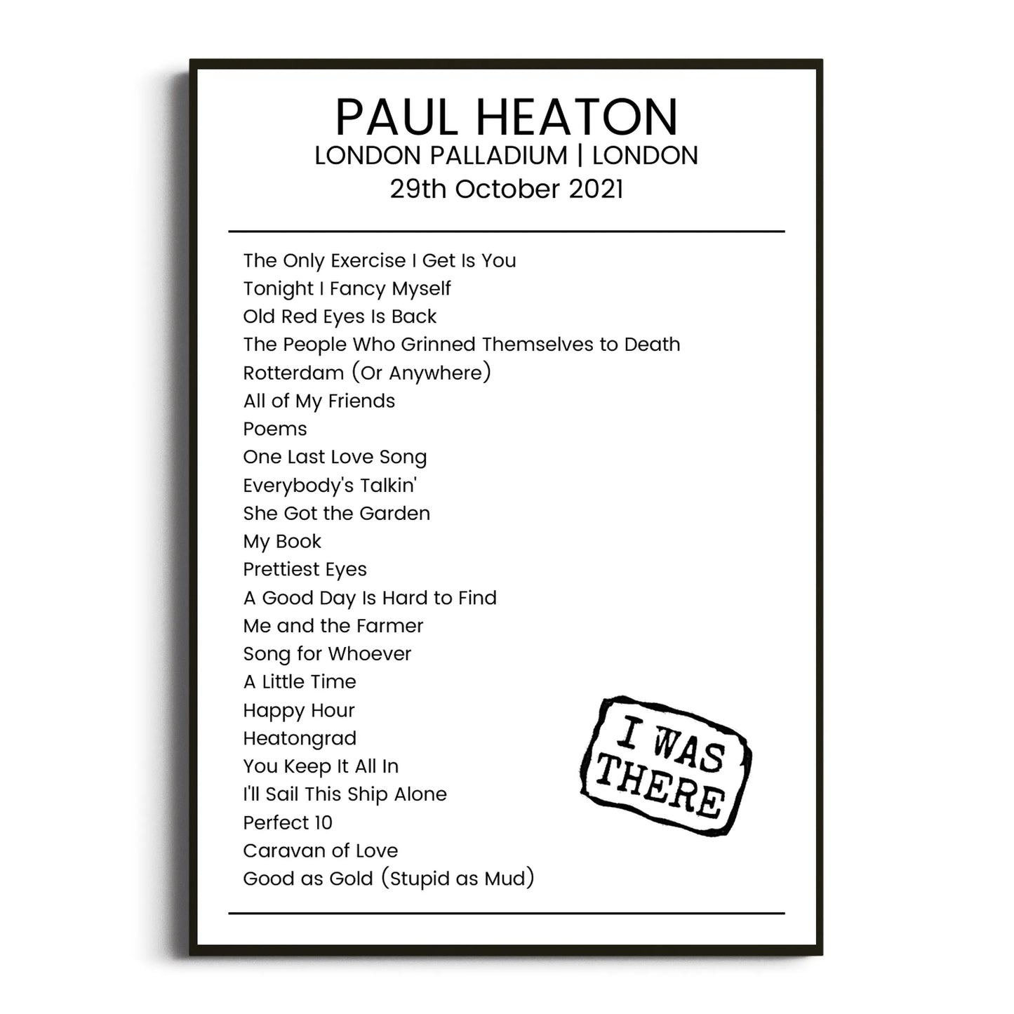 Paul Heaton London 29 October 2021 Setlist Poster