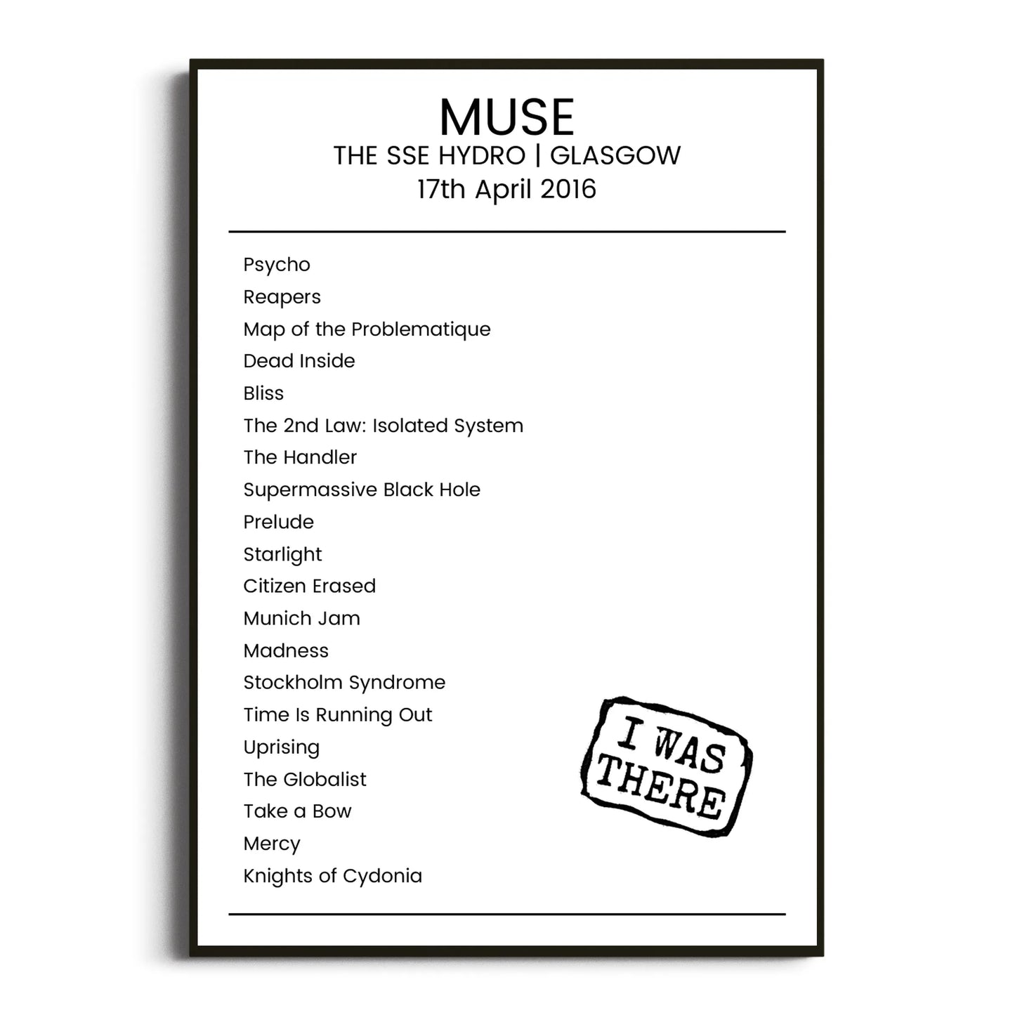 Muse Glasgow 17 April 2016 Setlist Poster