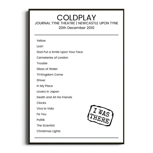 Coldplay Newcastle upon Tyne 20 December 2010 Setlist Poster