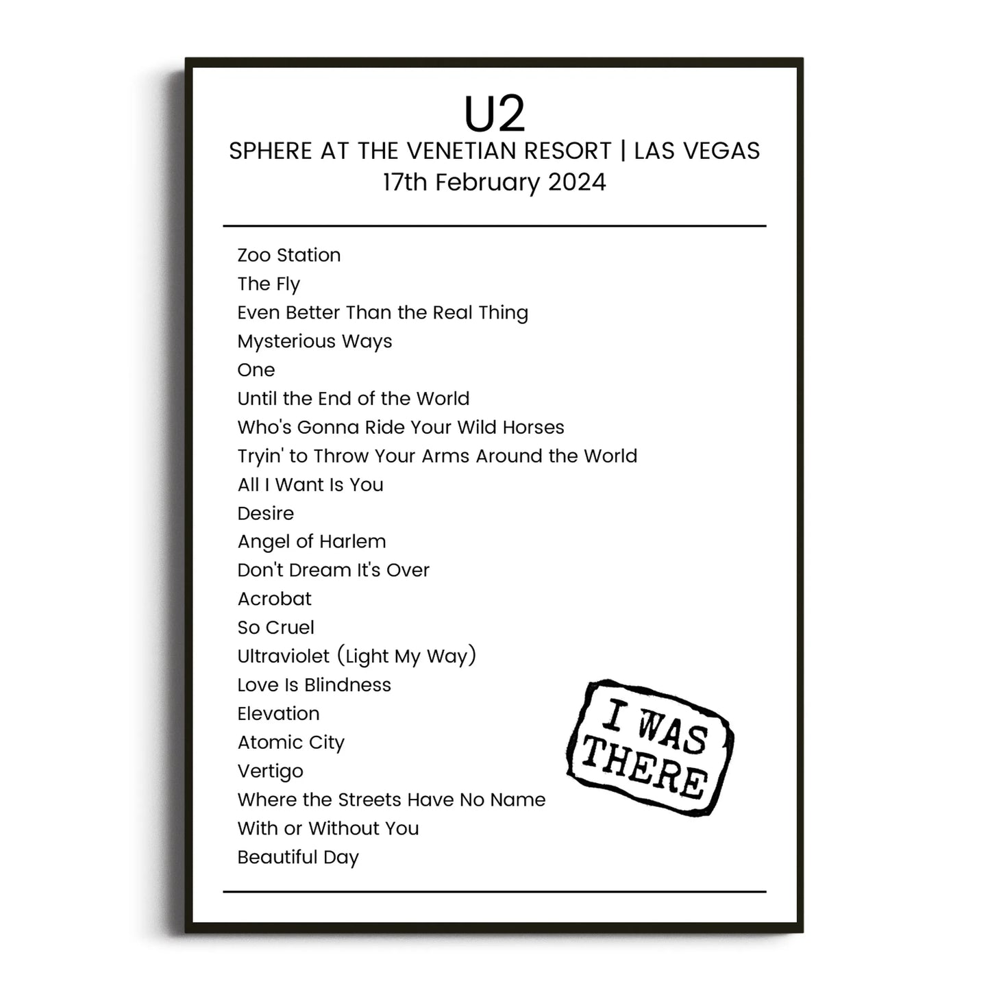 U2 Las Vegas 17 February 2024 Setlist Poster