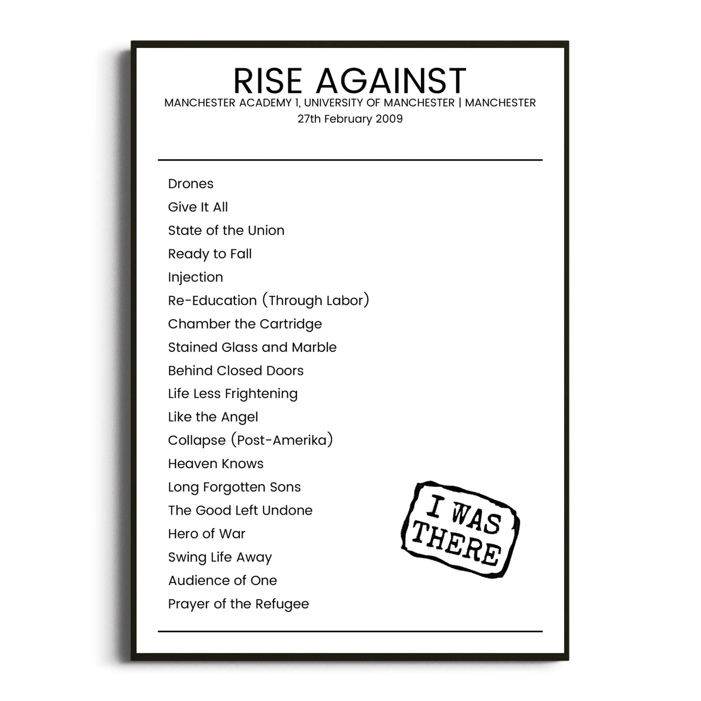 Rise Against Manchester 27 February 2009 Setlist Poster