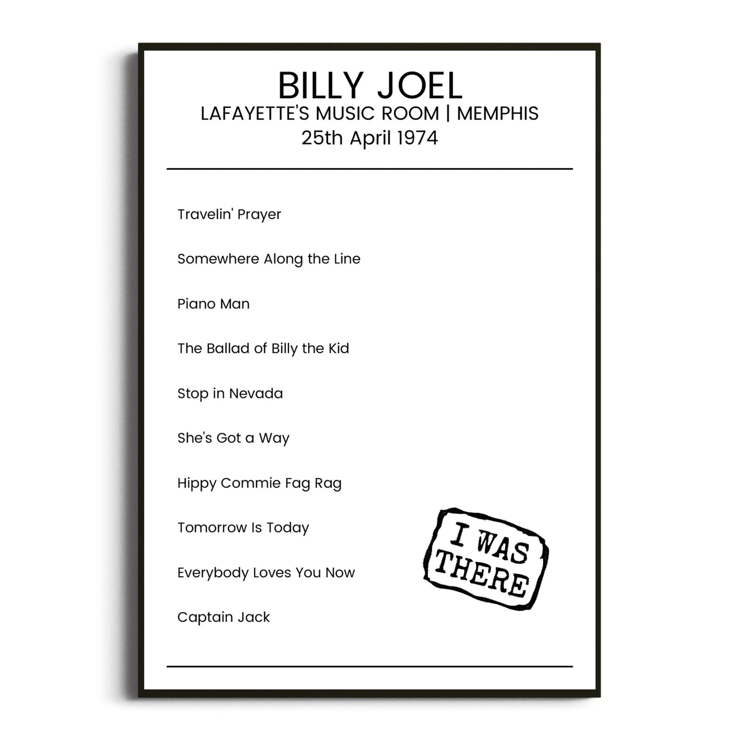 Billy Joel Memphis 25 April 1974 Setlist Poster