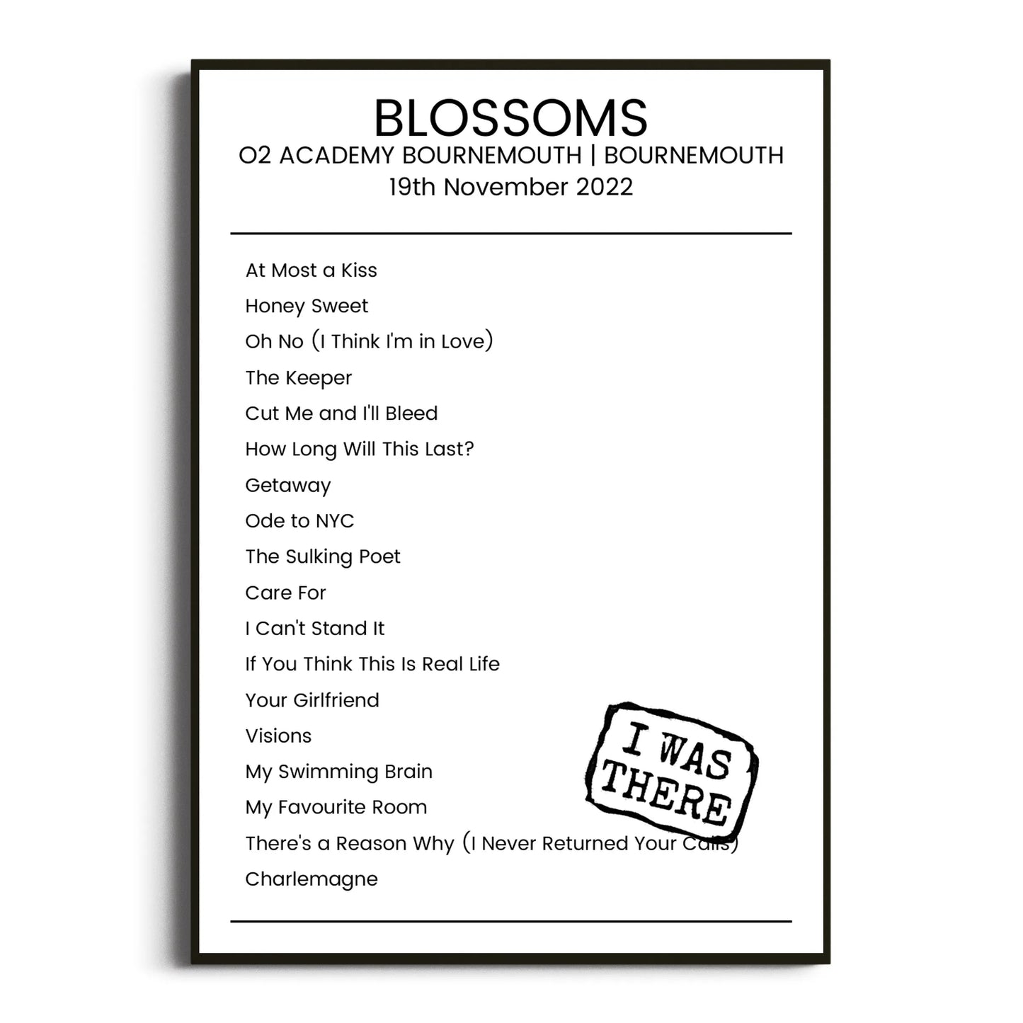 Blossoms Bournemouth 19 November 2022 Setlist Poster