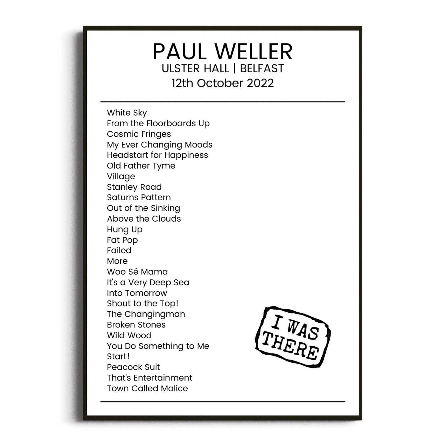 Paul Weller Belfast 12 October 2022 Setlist Poster