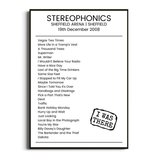 Stereophonics Sheffield 19 December 2008 Setlist Poster