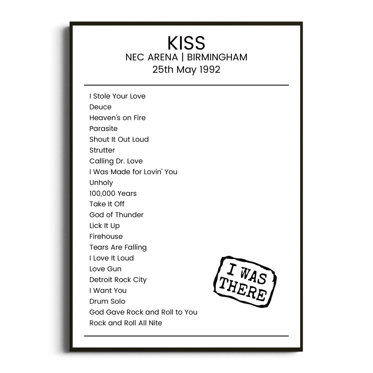 KISS Birmingham 25 May 1992 Setlist Poster