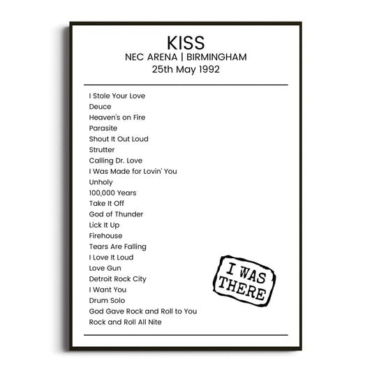 KISS Birmingham 25 May 1992 Setlist Poster