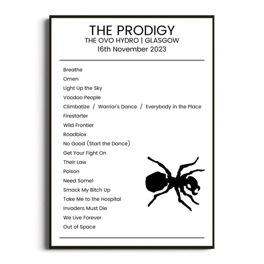 The Prodigy Glasgow 16 November 2023 Setlist Poster