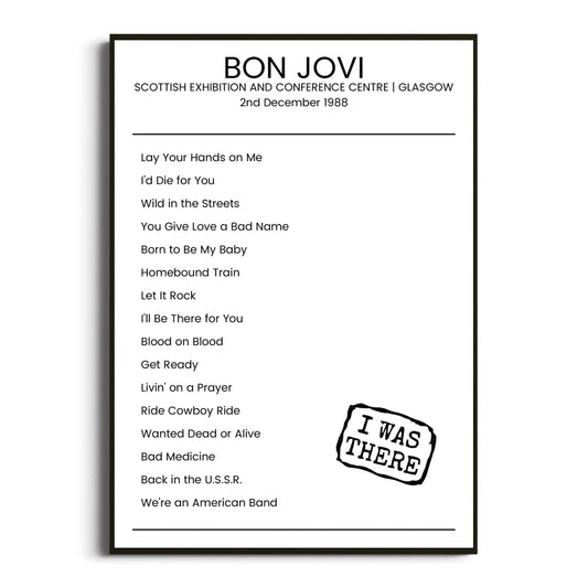 Bon Jovi Glasgow 02 December 1988 Setlist Poster