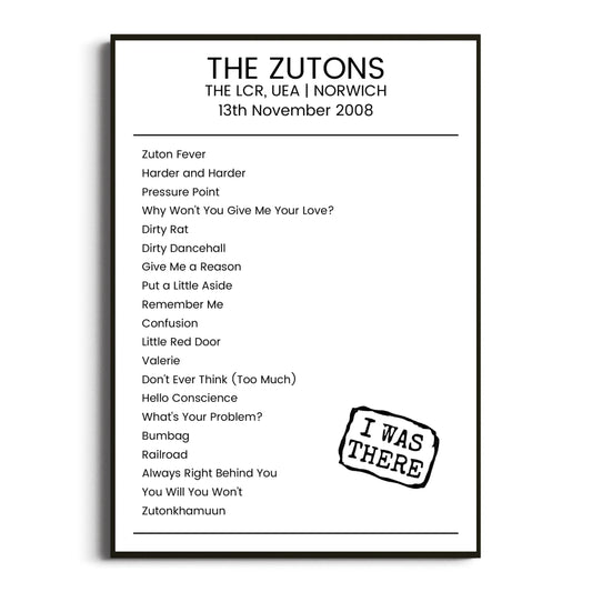 The Zutons Norwich 13 November 2008 Setlist Poster