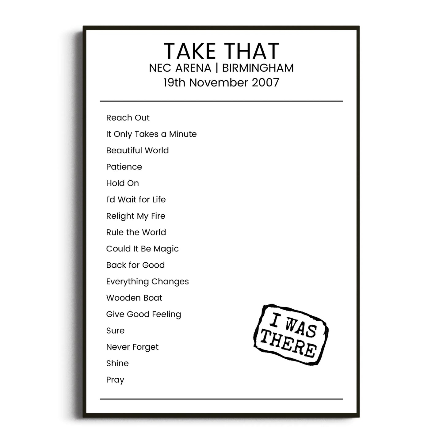 Take That Birmingham 19 November 2007 Setlist Poster